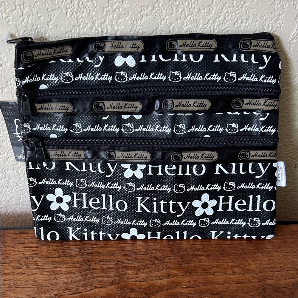 Hello Kitty Sanrio Black and White 3-Zippered Pouch Pencil Pen Bag 2006 NWT